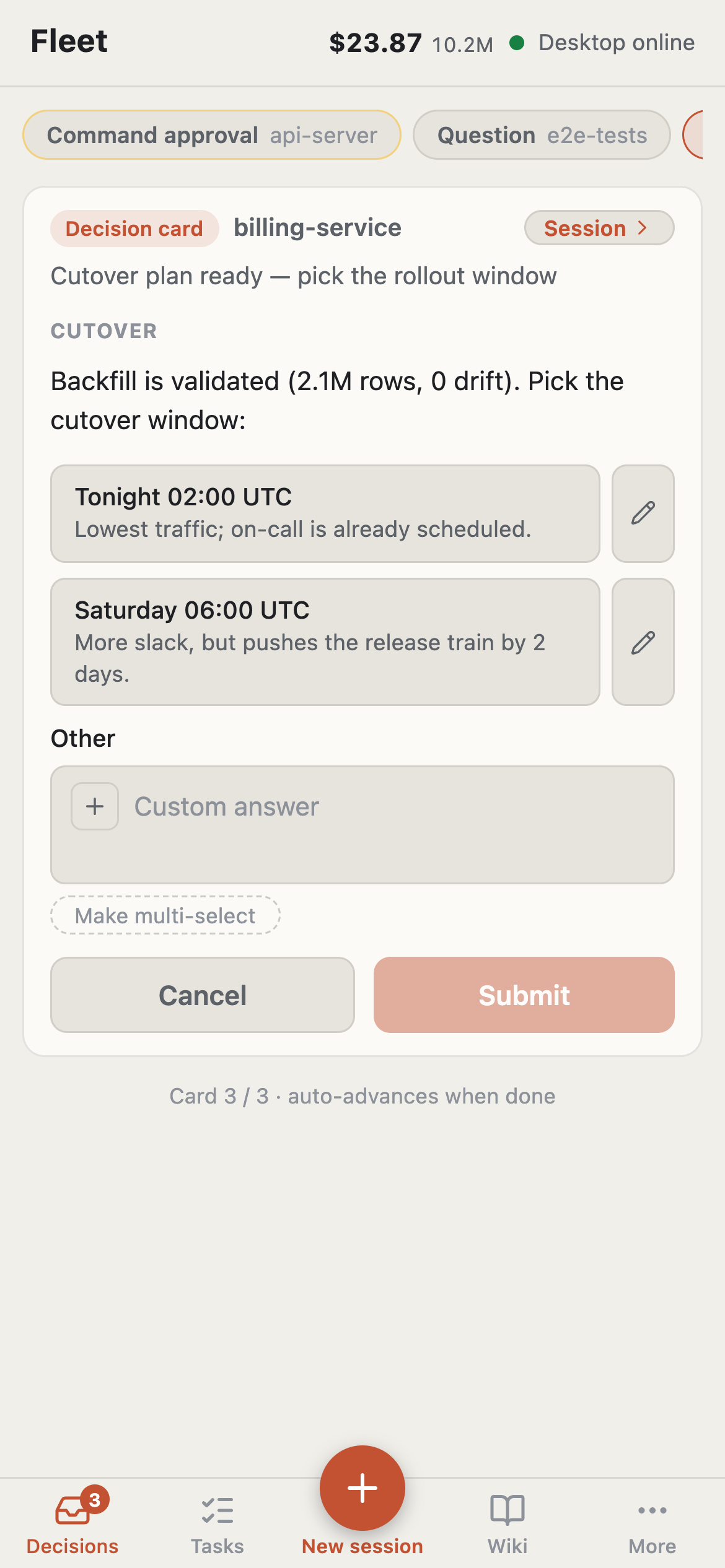 Claw Fleet mobile web: a decision card asking you to pick a rollout window