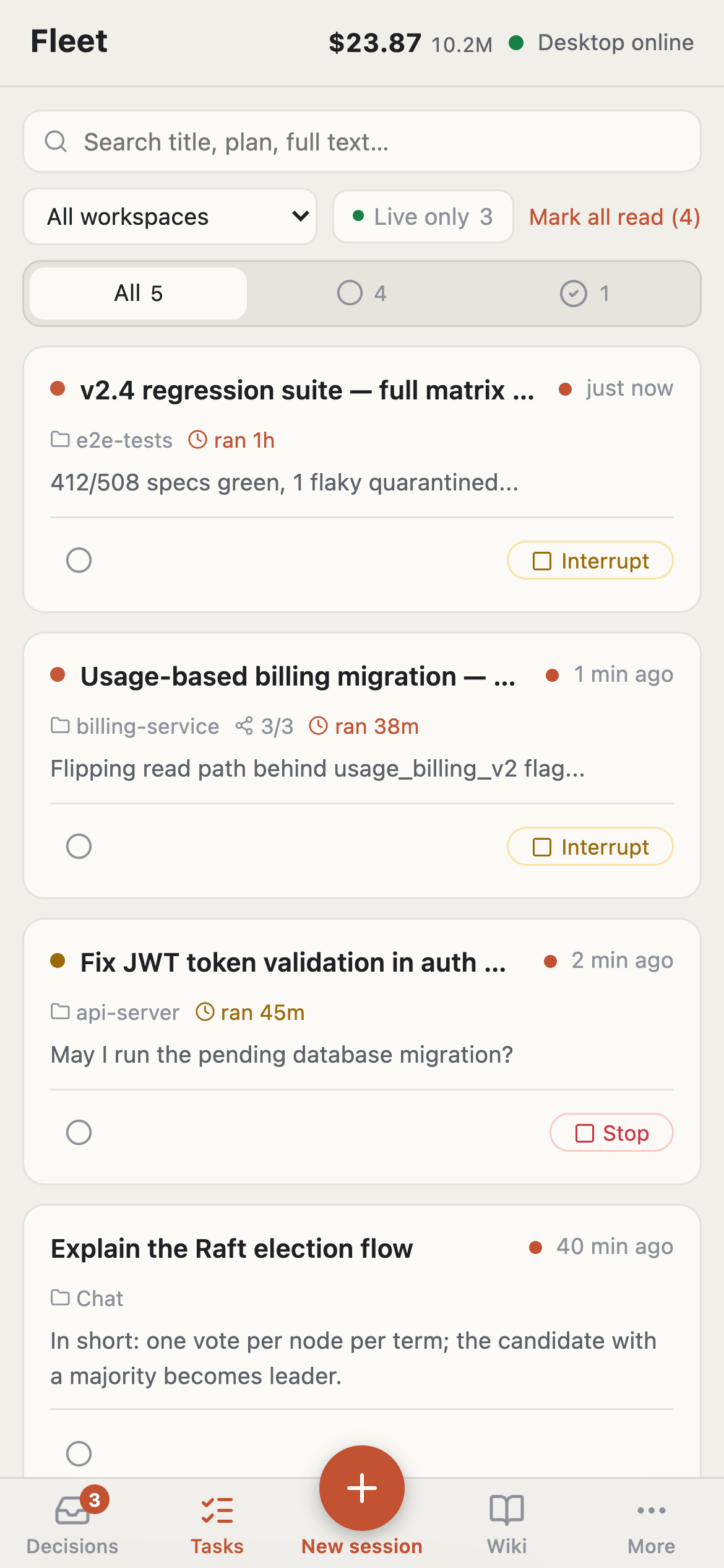 Claw Fleet mobile web: live task list with stop/interrupt controls