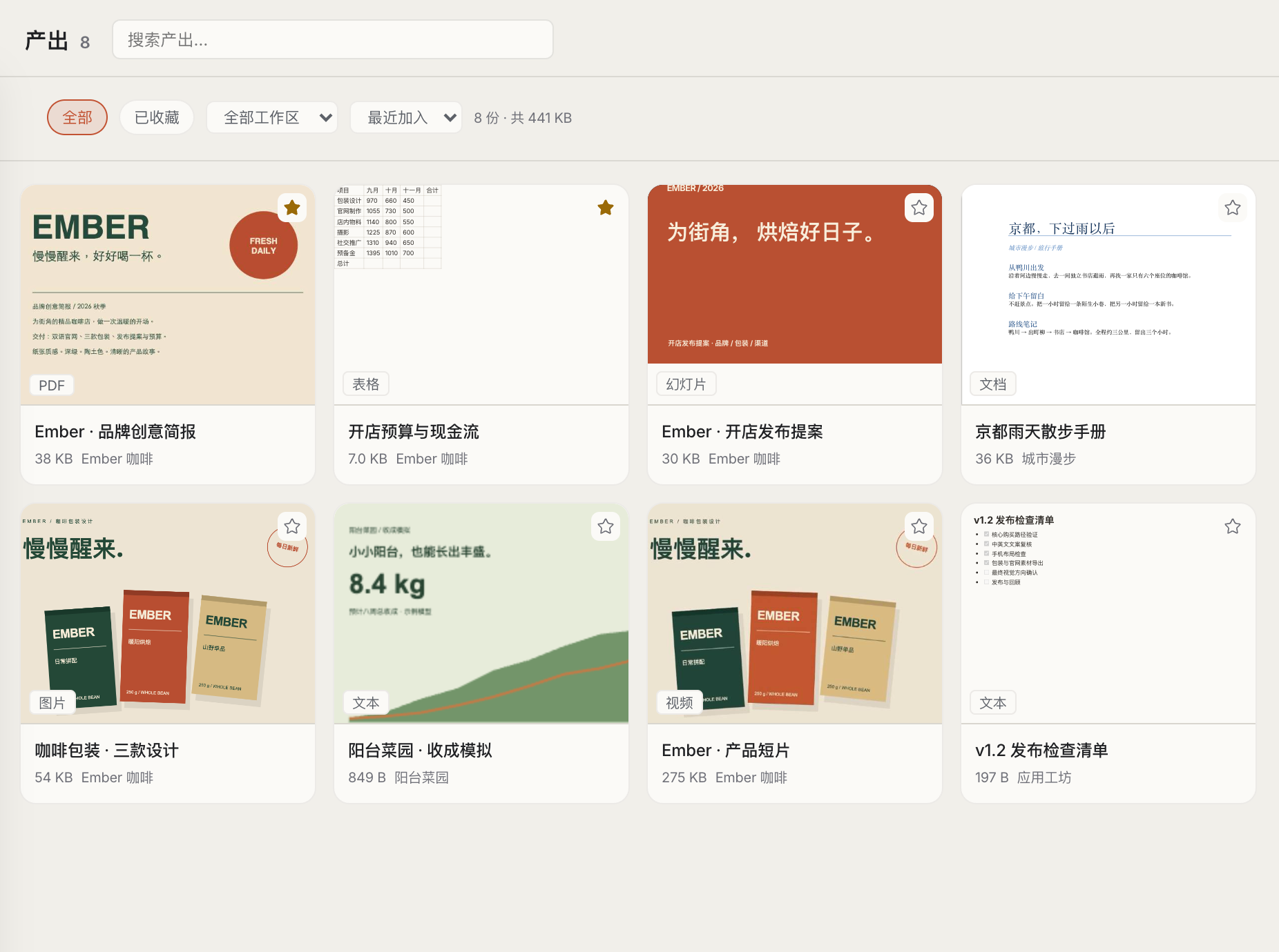 Fleet 产出视图:文档与媒体就地预览,可按项目筛选