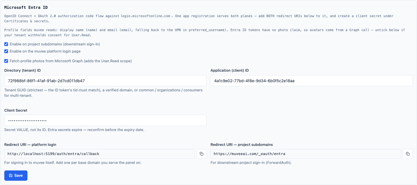The Microsoft Entra ID card in muvee's admin settings